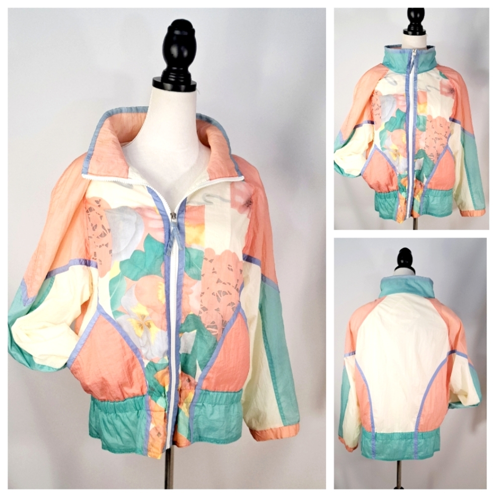 East West Vintage Retro Women 80s Windbreaker Floral Print Pockets  Zipper Small